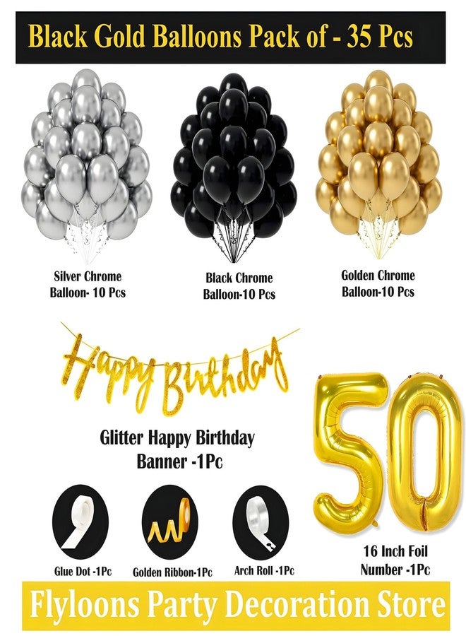 Flyloons 50th Happy Birthday Decoration Golden and Black Theme Combination for Boys Girls | 30 Pcs Gold Black Silver Balloons | Gold Happy Birthday Cursive Glitter Banner | Arch Tape | Glue Dots - Image 2